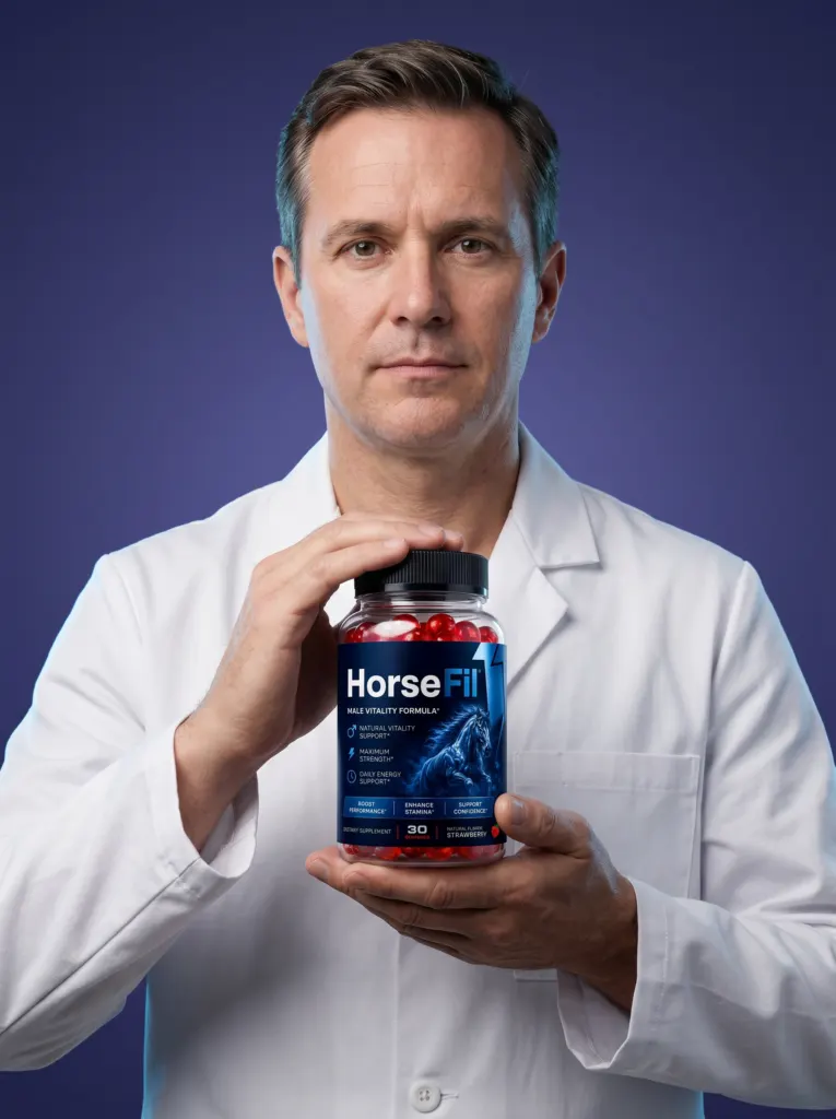 Specialist presenting HorseFil men’s vitality formula bottle